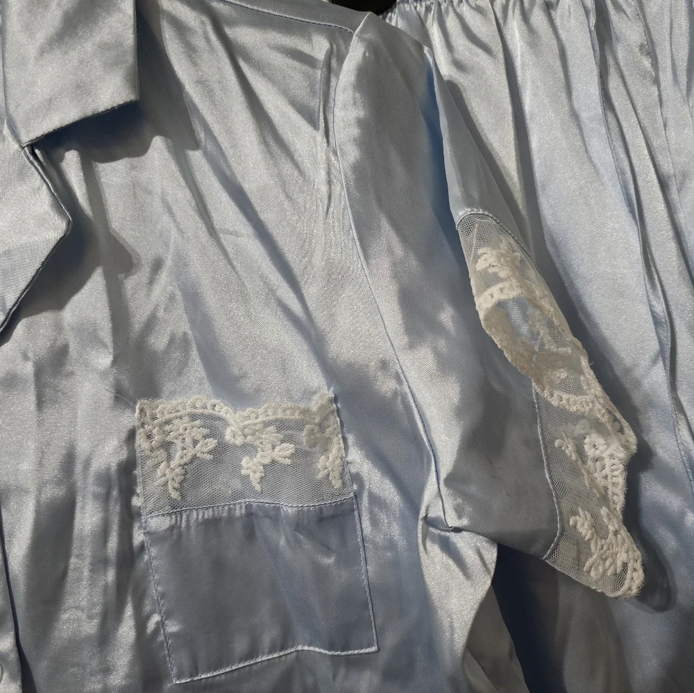 Rachel Zoe Satin Pajama Set, Light Blue w/Lace Detail, Bridal, Feminine, EUC!